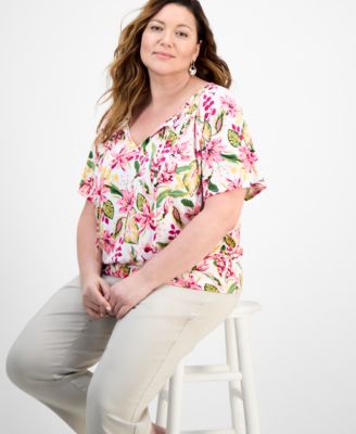 Plus Size Printed Tie Split Neck Top, Exclusively at Macy's