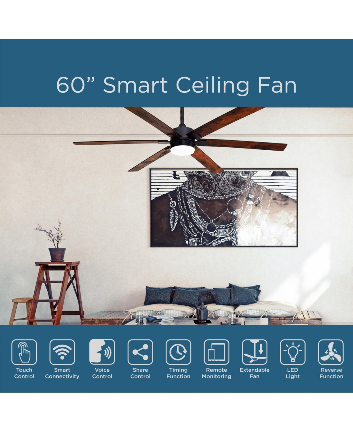 All Seasons 60" Ceiling Fan with Light, Quiet, Alexa/Google, 3 Color Led Lights, Reversible