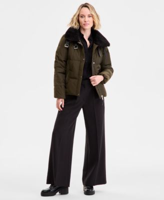 DKNY - Women's Faux-Fur-Collar Zip-Front Puffer Coat