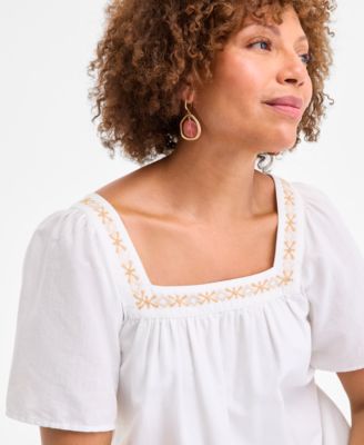 Women's Cotton Gauze Embroidered-Trim Square-Neck Midi Dress, Exclusively at Macy's