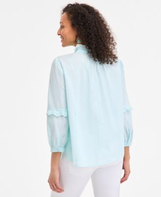 売れ筋商品|||スタイルアンドコー カットソー トップス レディース Women's Cotton Contrast-Stitch Puff-Sleeve Top, Exclusively at Macy's Summer Blue Style & Co Women's Cotton Printed Contrast-Stitch Puff