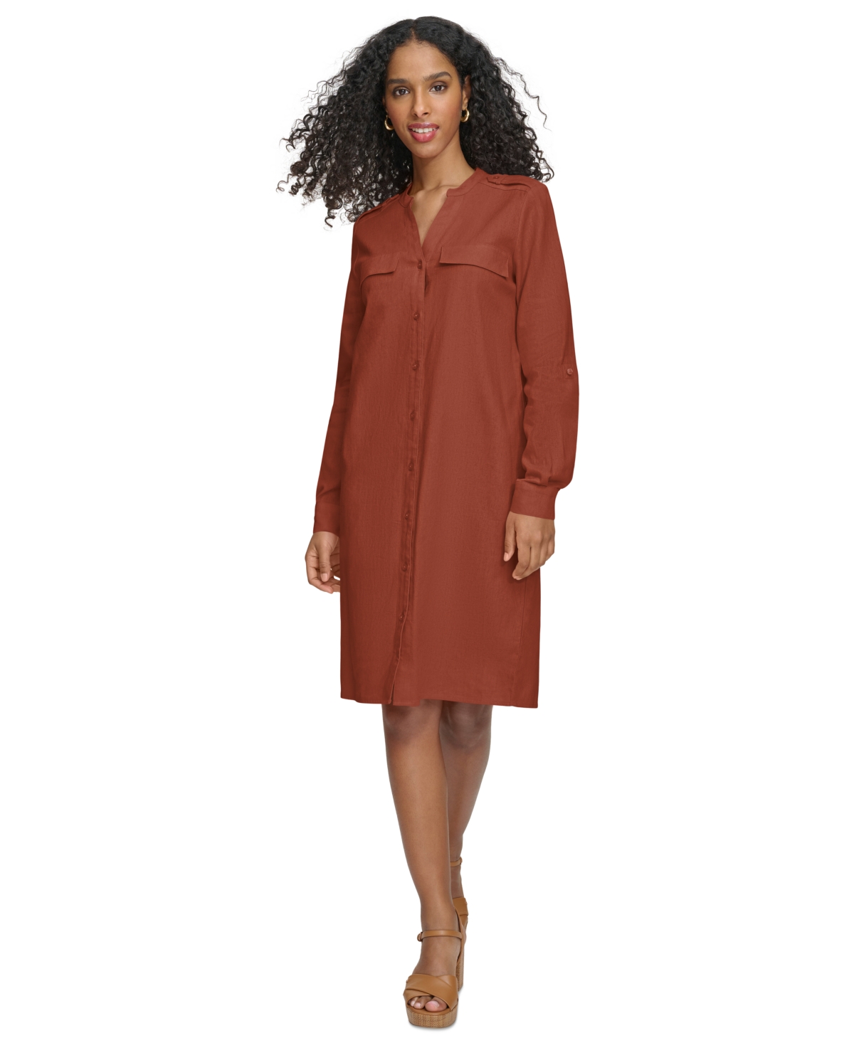 Calvin Klein Women's Roll-tab-sleeve Button-front Shirtdress