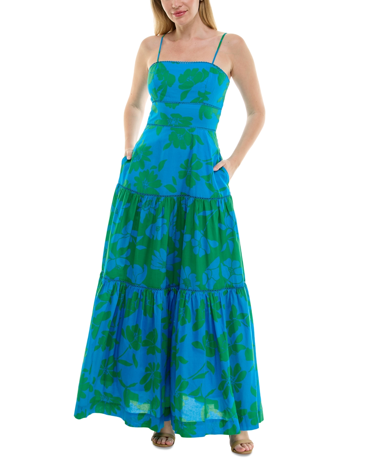 Women's Tiered Sleeveless Smocked-Back Dress - Blue Jungle Green