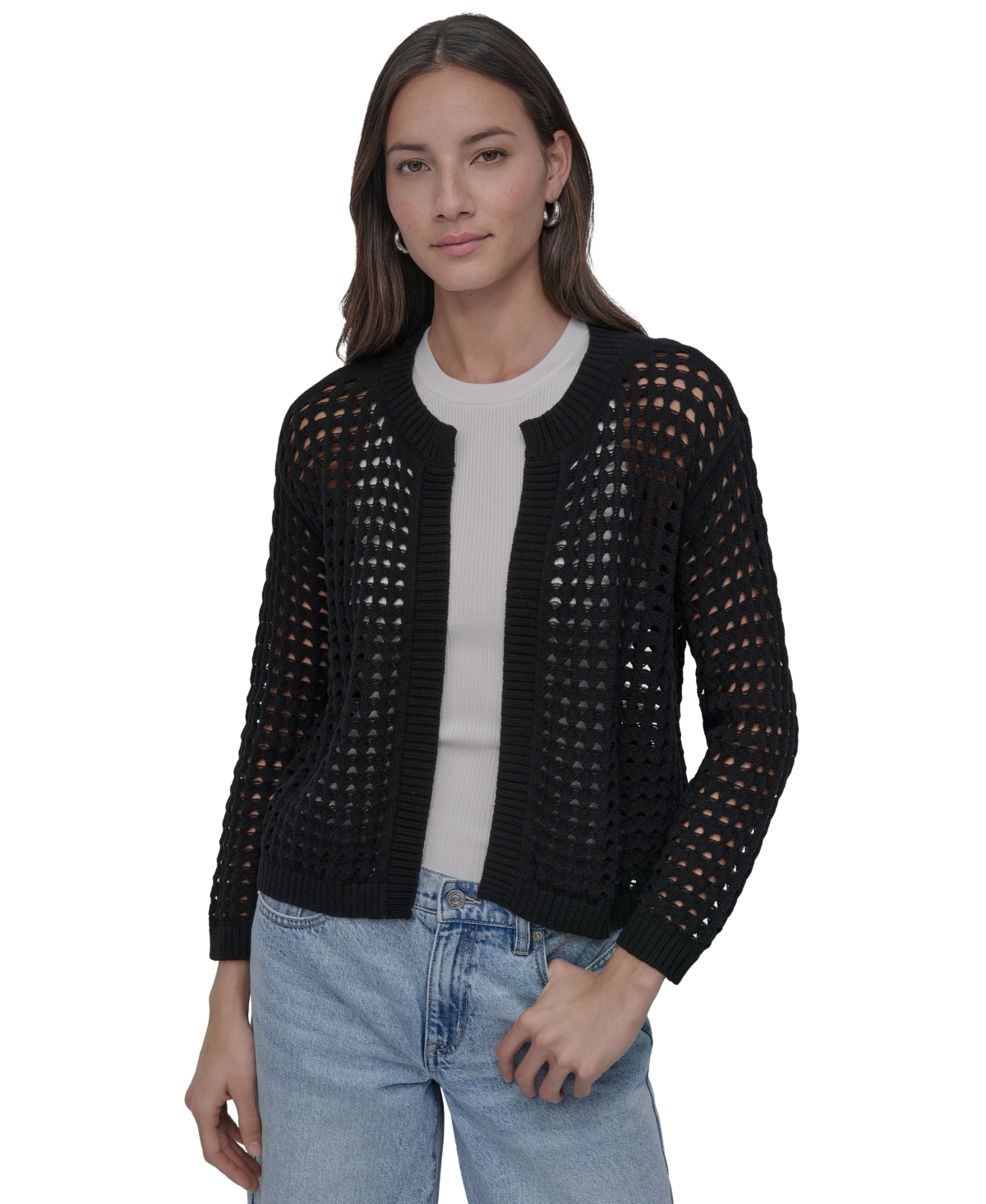 DKNY JEANS PETITE COTTON OPEN-STITCH LONG-SLEEVE CARDIGAN 
