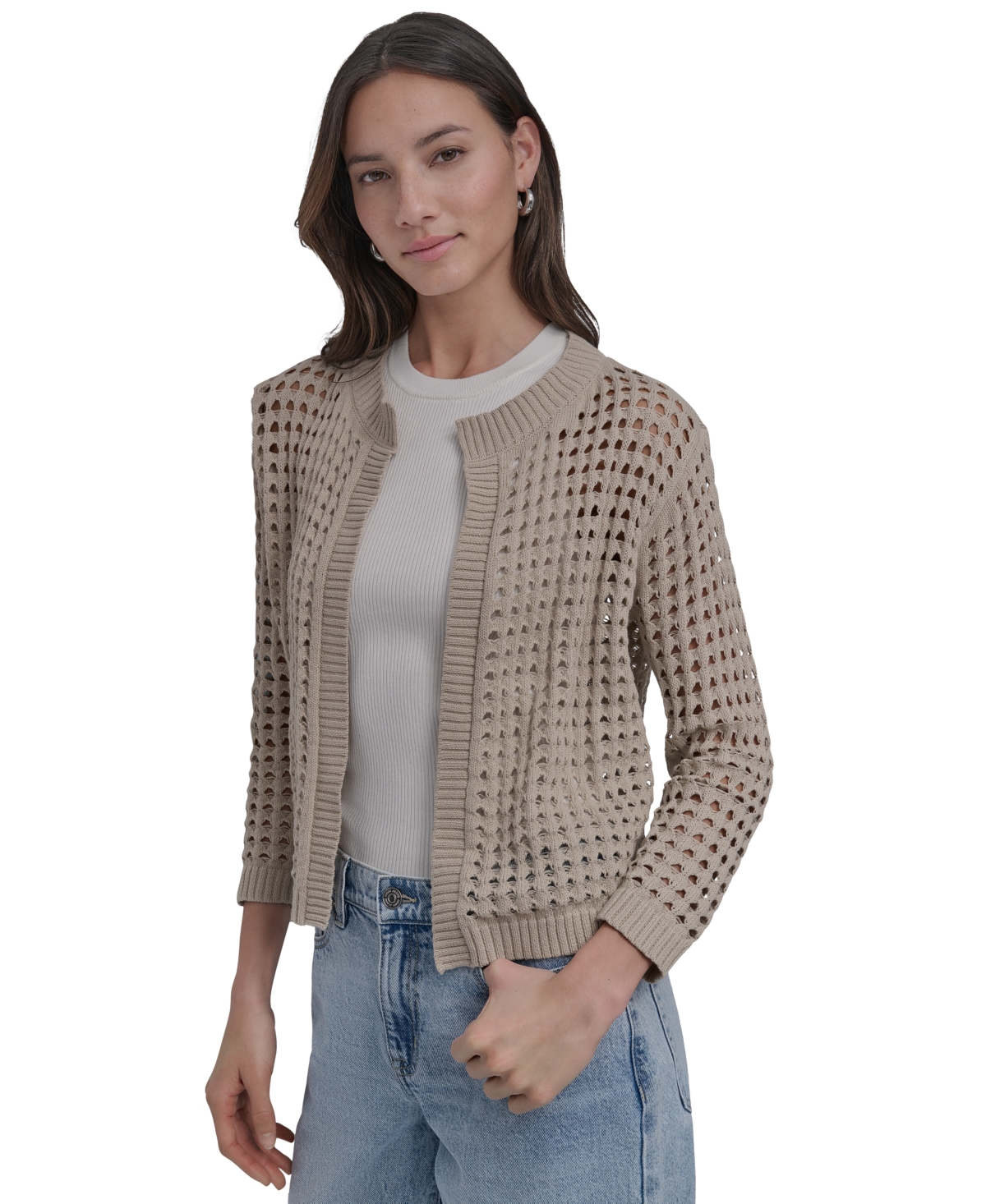 DKNY JEANS PETITE COTTON OPEN-STITCH LONG-SLEEVE CARDIGAN 