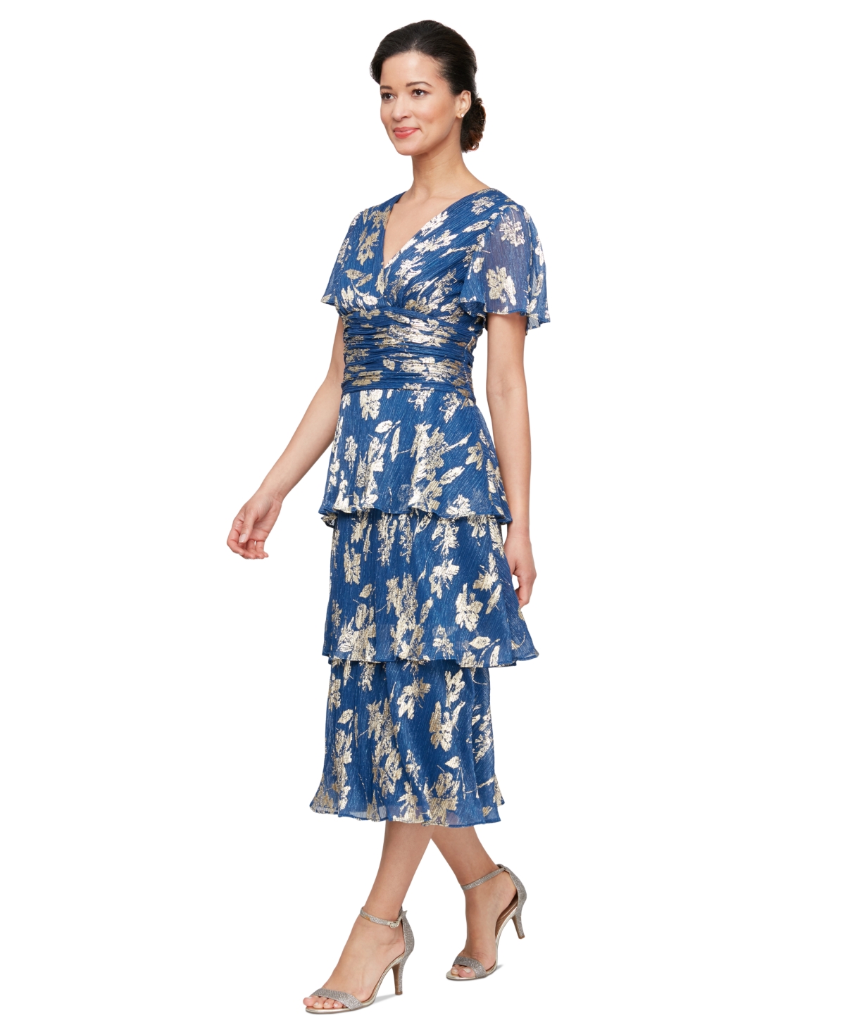 Women's Floral Surplice-Neck Tiered Dress - Royal Gold