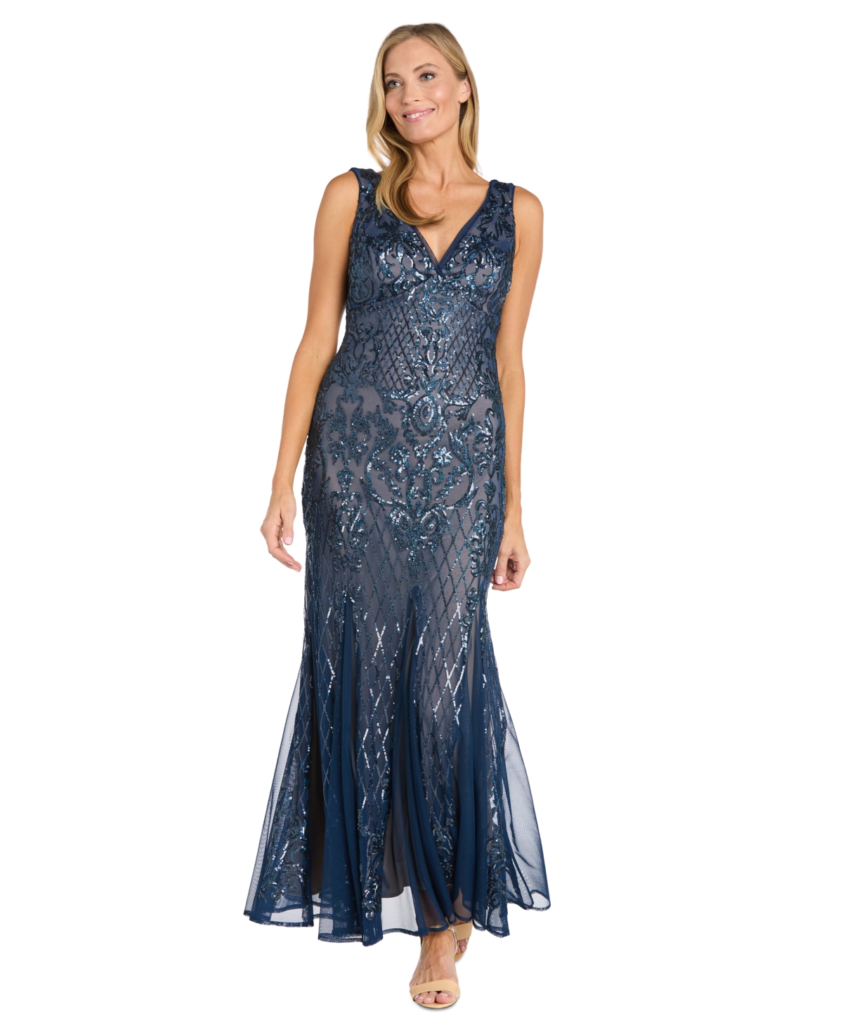 Women's Beaded Godet-Mesh V-Neck Gown - Twilight