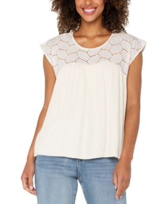 Liverpool Los Angeles - Women's Cotton Eyelet-Yoke Gauze Top