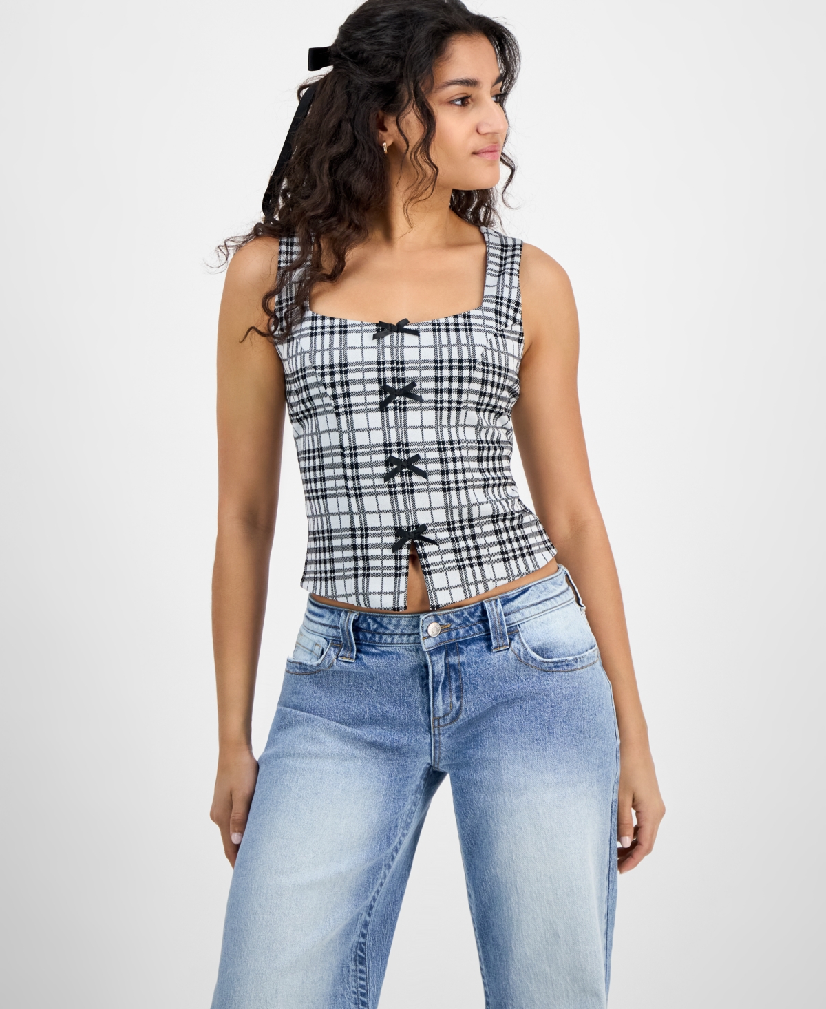 Juniors' Menswear Bow-Trim Vest Top - White Plaid