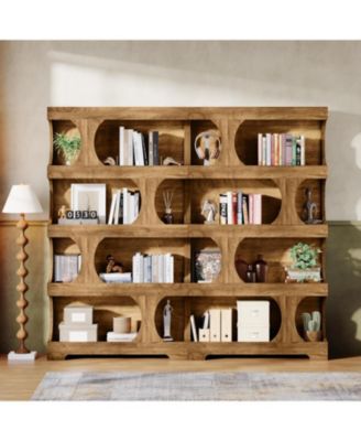 71" Tall Bookcase Set of 2, 4-Tier S-Shaped Bookshelf, Wood Decorative Storage Shelving, Modern Freestanding Display Shelves, Large Library Book Shelf Unit for Home Office Living Room Bedroom