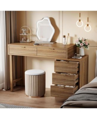 Modern Vanity Desk with Storage,Makeup Vanity Desk with 5 Drawers,(Without Mirror), Walnut Brown