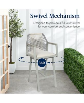 Set of 2 Indoor/Outdoor Aluminum, Woven Rope Swivel Barstools w/ Armrests