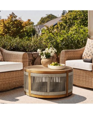 Outdoor Acacia Wood Rope Sides Round Drum Coffee Table