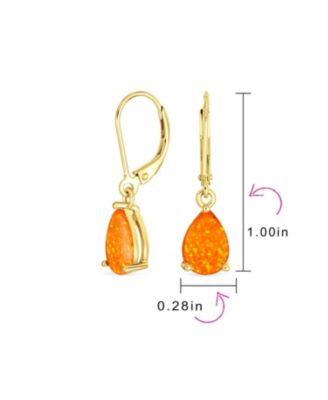 Simple White Orange Opal Created Opal Solitaire 7MM Pear Shaped Teardrop Dangle Lever Back Earrings Yellow Gold Plated Silver