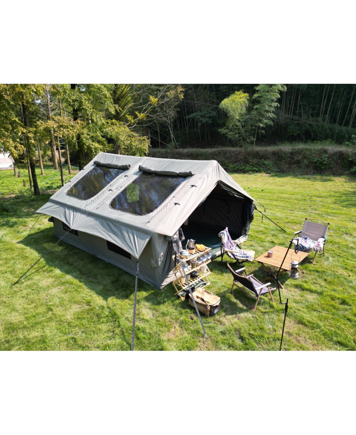 9.8' x 13' Air Glamping Tent: Easy Setup, Waterproof, 4-Season with Hand Pump, Mesh & Chimney (Army Green - Army green