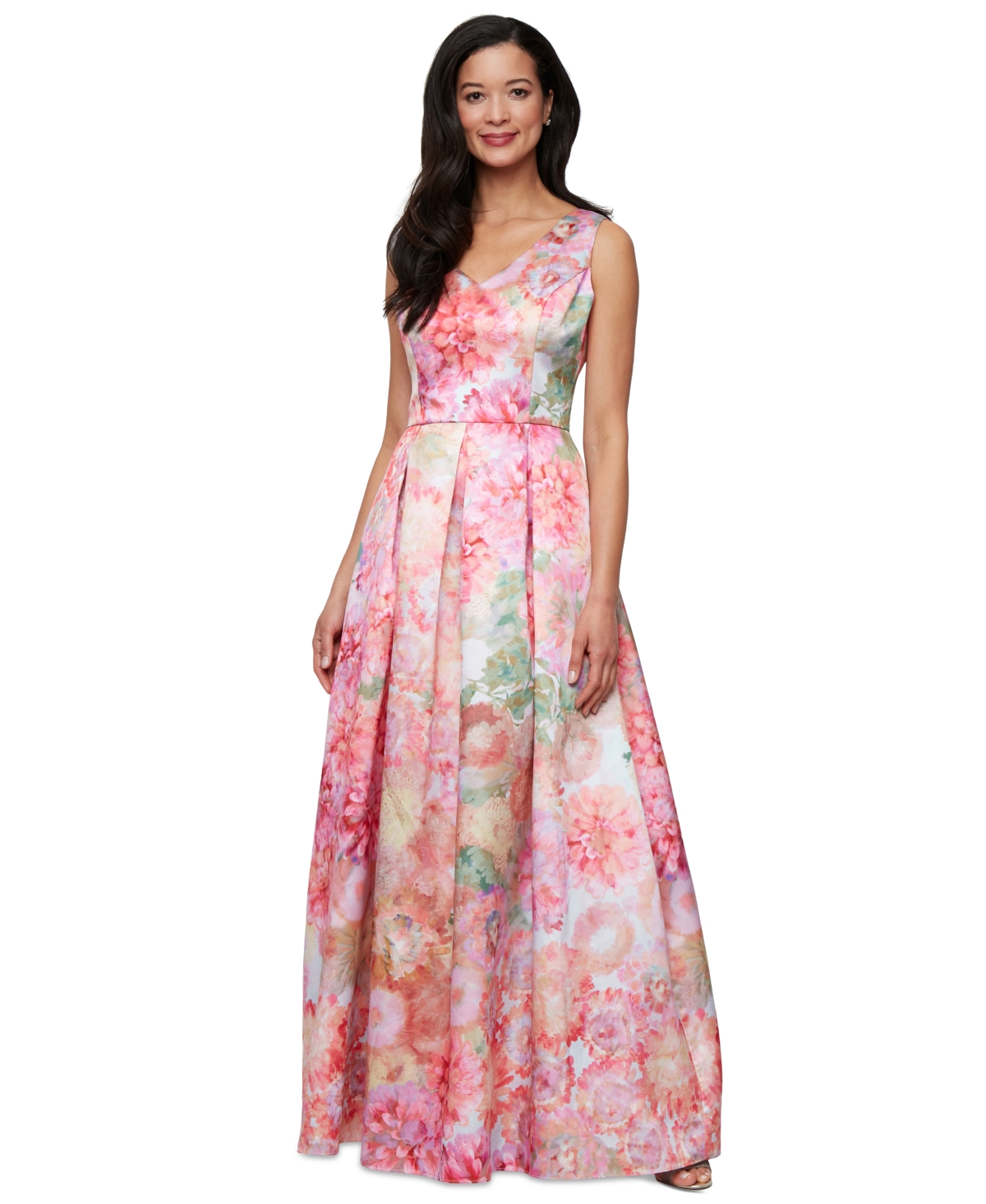 Petite V-Neck Printed Mikado A-Line Dress - Coral Multi