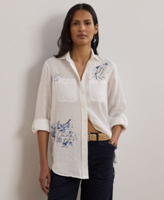 Lauren Ralph Lauren - Petite Relaxed-Fit Print Roll-Tab Sleeve Shirt