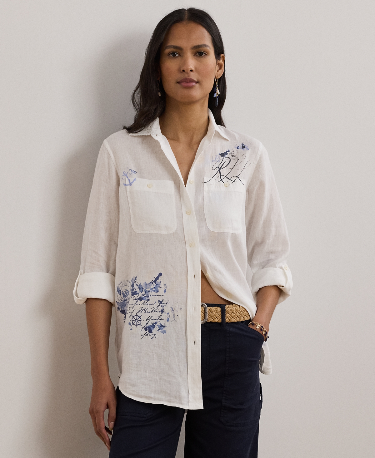 Ralph Lauren 100 Linen Womens Relaxed Fit Print Roll Tab Sleeve Shirt P Xs 3x In White