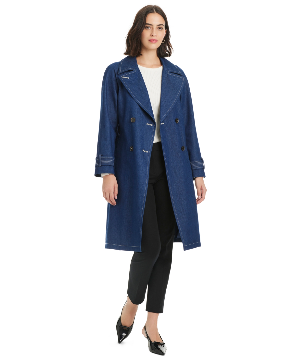 Kate Spade New York Double Breasted Longline Denim Trench Coat In Blue