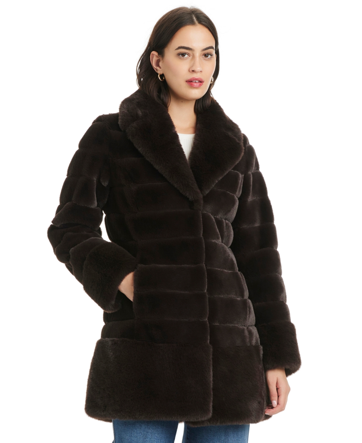 Jones New York Petite Notched-collar Faux-fur Coat In Brown