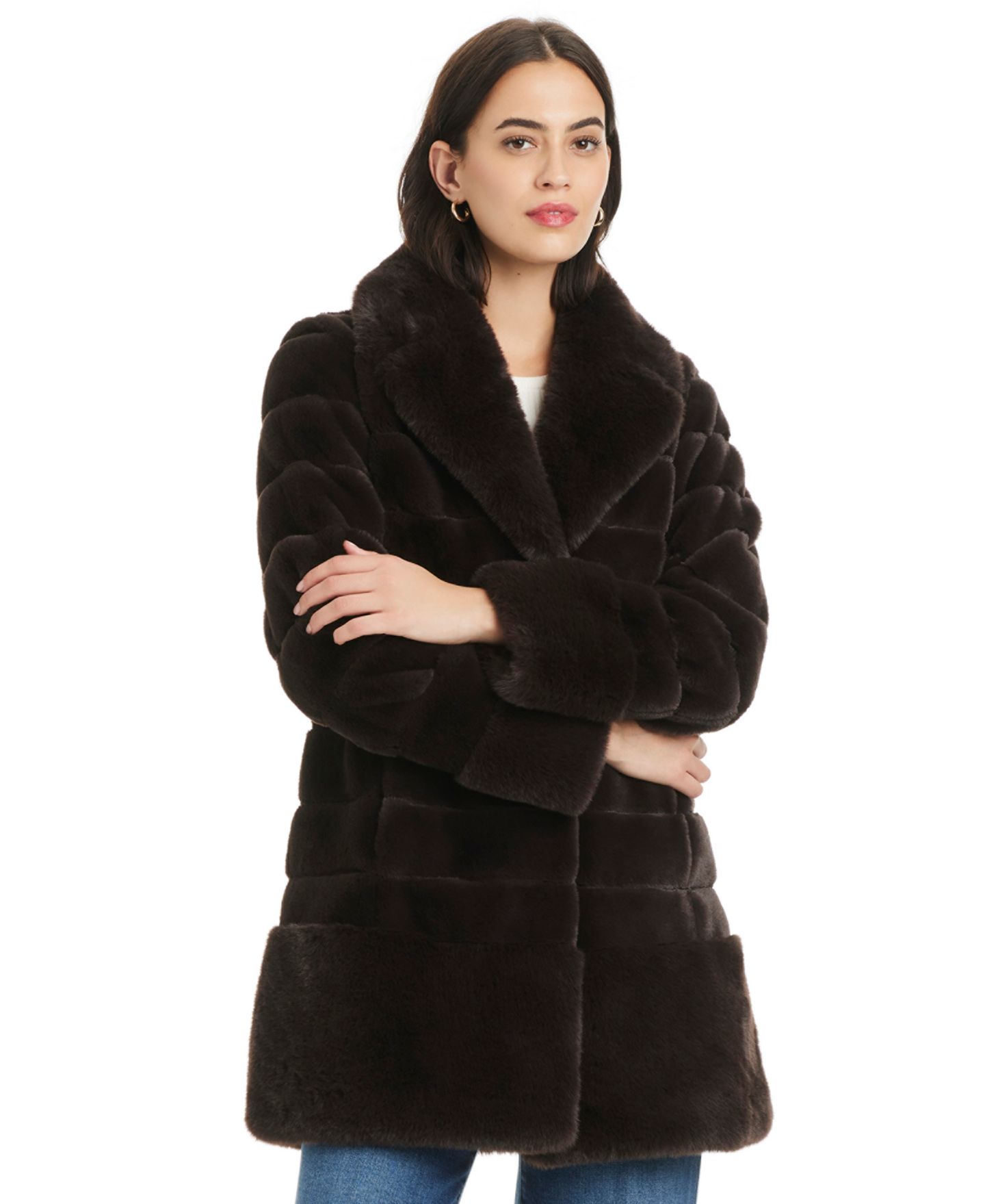 Женское пальто Jones New York Faux-Fur Notched-Collar, цвет: Тёмный коричневый — фото 4