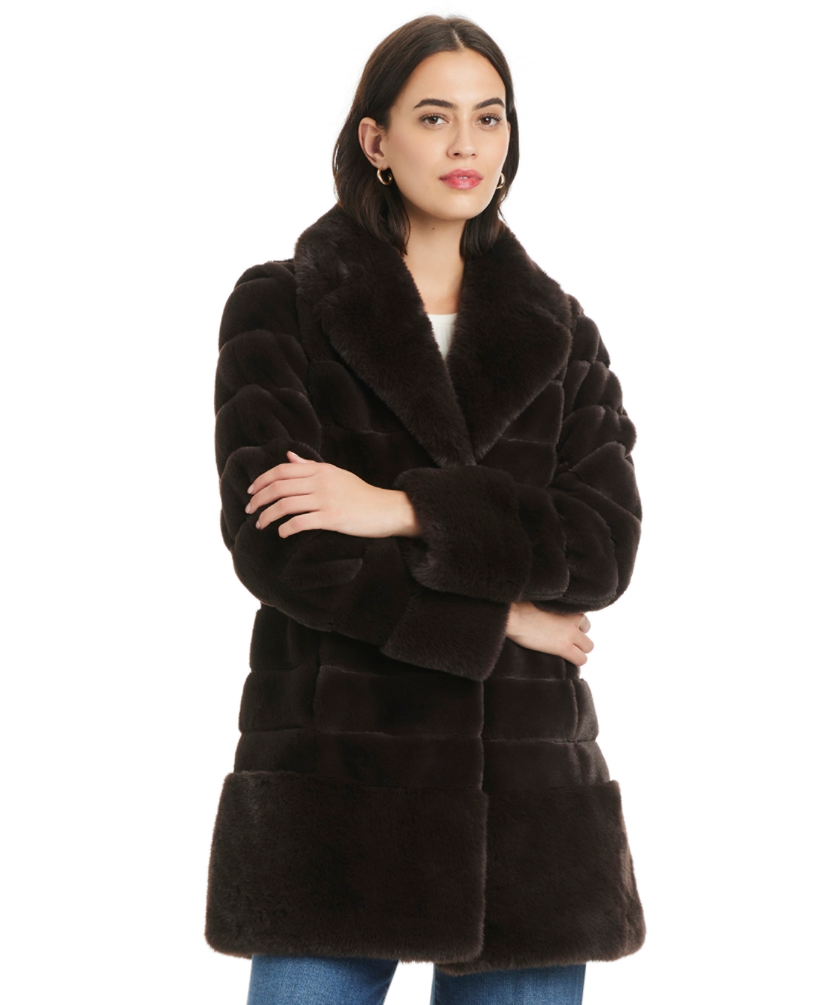 Jones New York Petite Notched-collar Faux-fur Coat In Brown