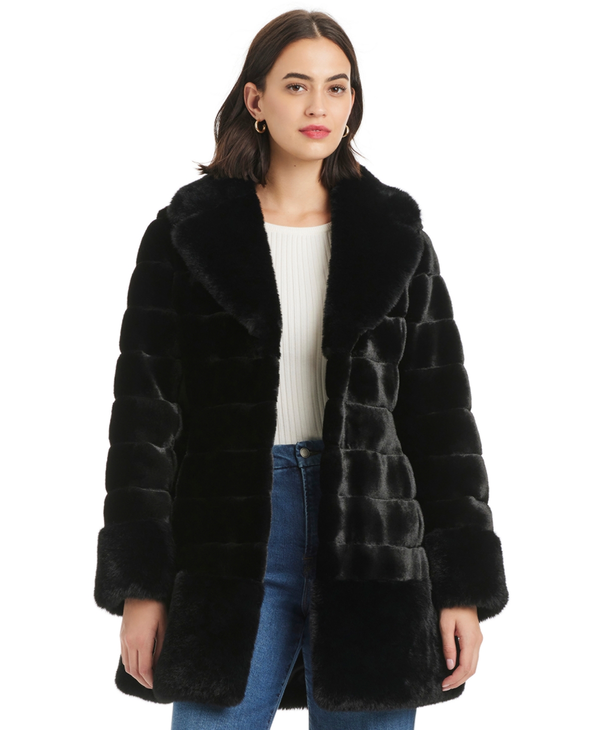 Jones New York Women's Faux-fur Notched-collar Coat In Black
