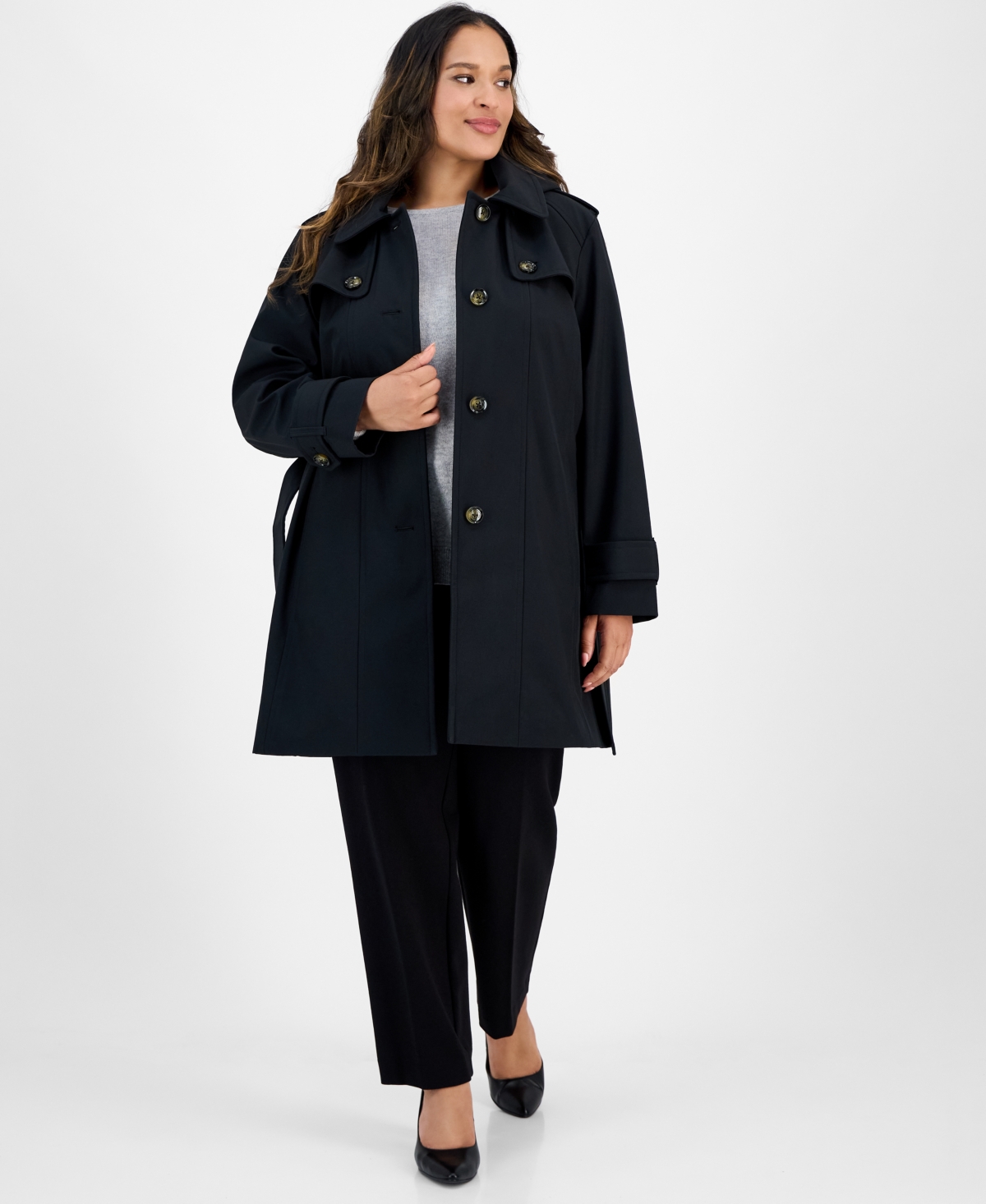 London Fog Plus Size Hooded Belted Raincoat In Black