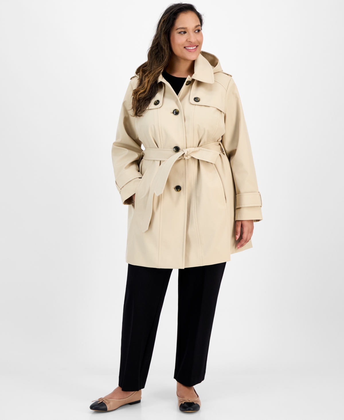 London Fog Plus Size Hooded Belted Raincoat In Neutral