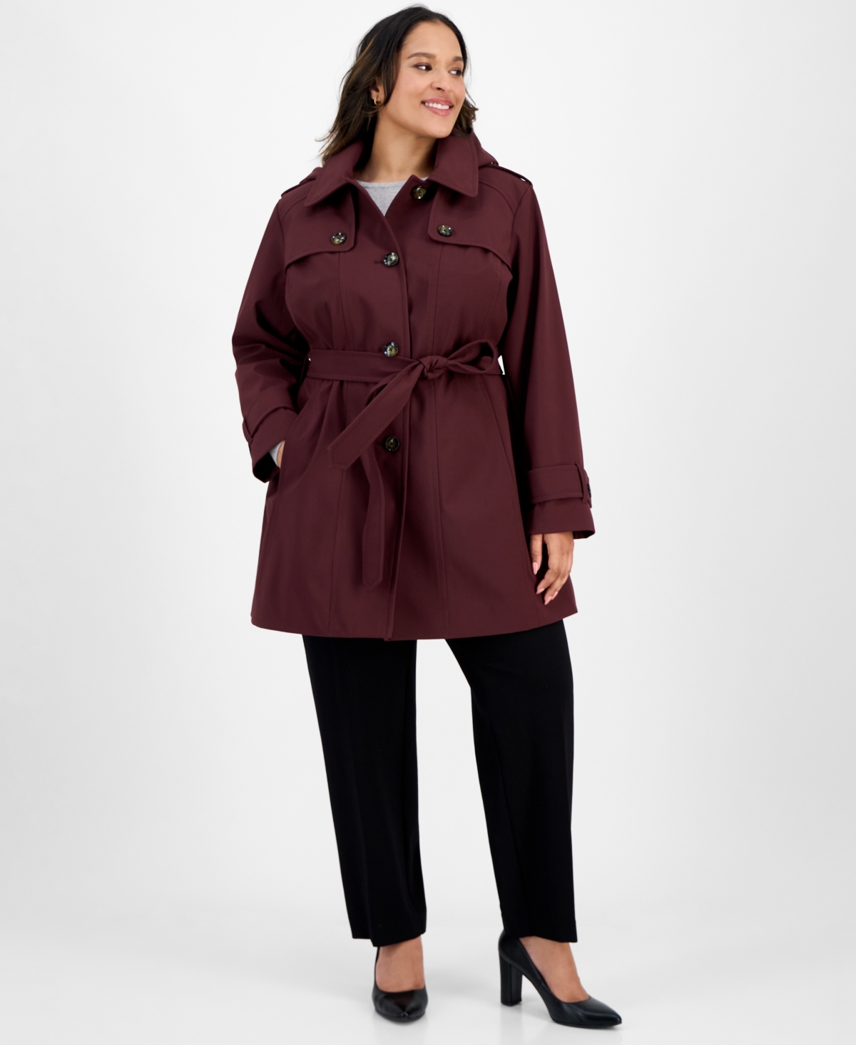 London Fog Plus Size Hooded Belted Raincoat In Burgundy