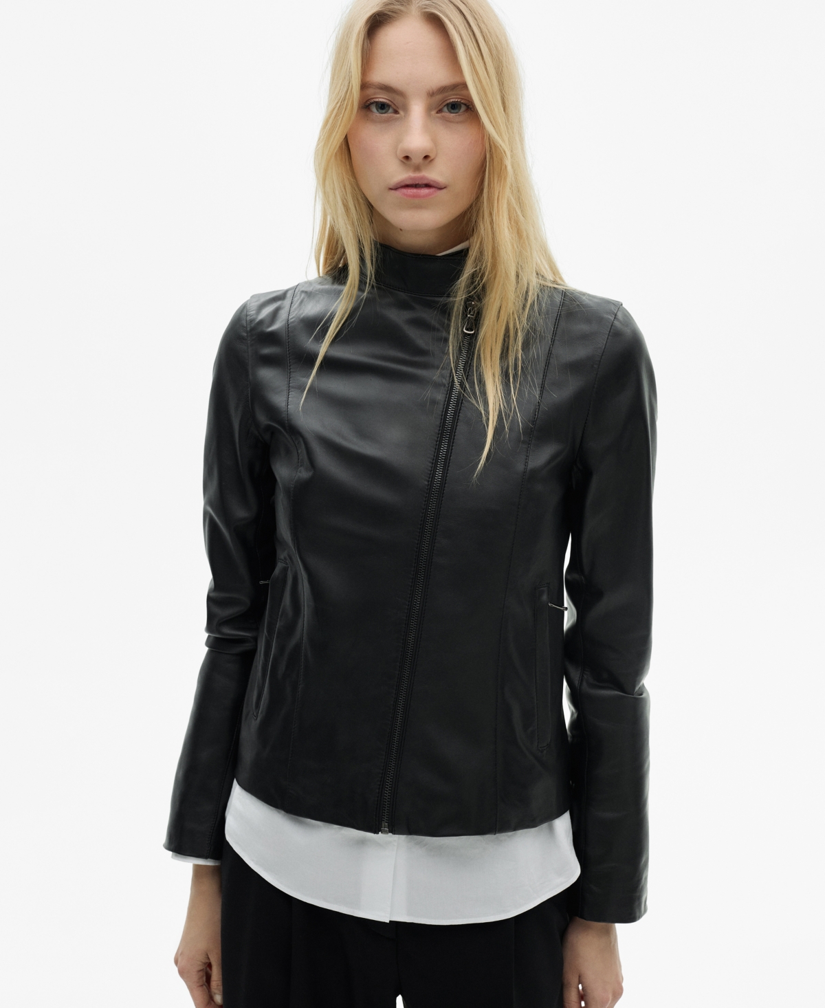 Women's Fitted Zipper Leather Jacket - Black