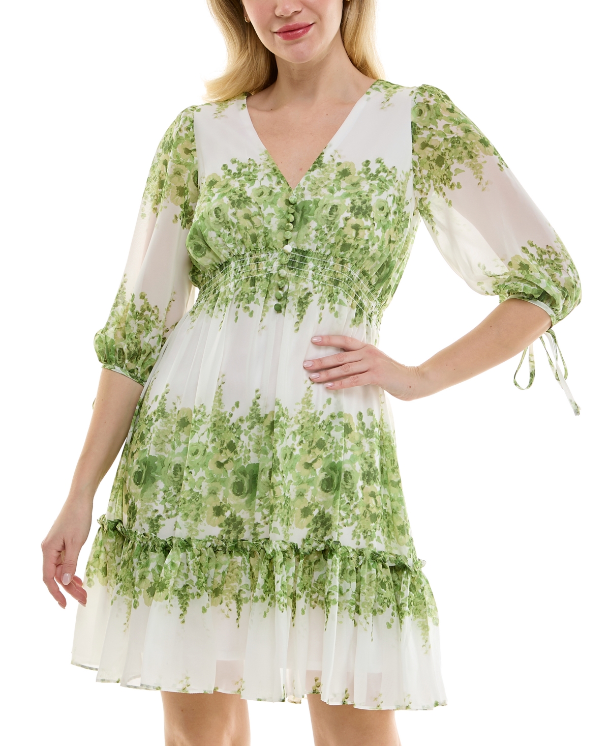 Taylor Women's Floral-print Tie-cuff Ruffled-hem Dress