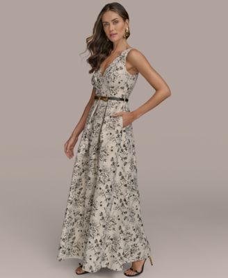 Women's Belted V-Neck Jacquard Ball Gown