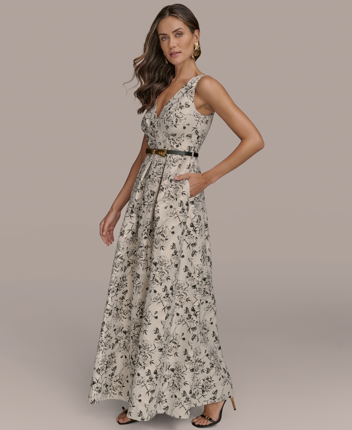 Donna Karan Women's Belted V-neck Jacquard Ball Gown