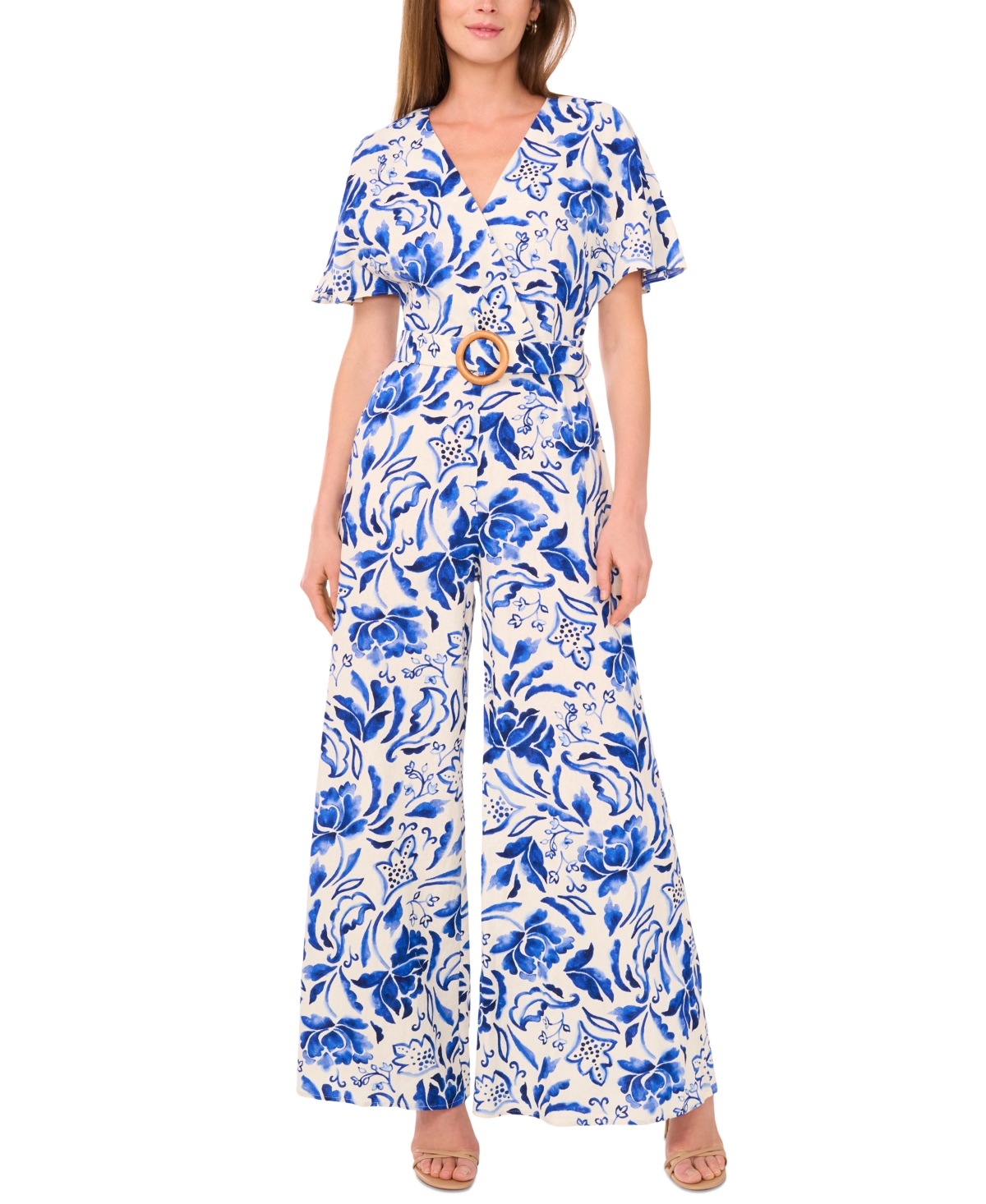 Msk Women's Printed Flutter Sleeve Wide-leg Jumpsuit