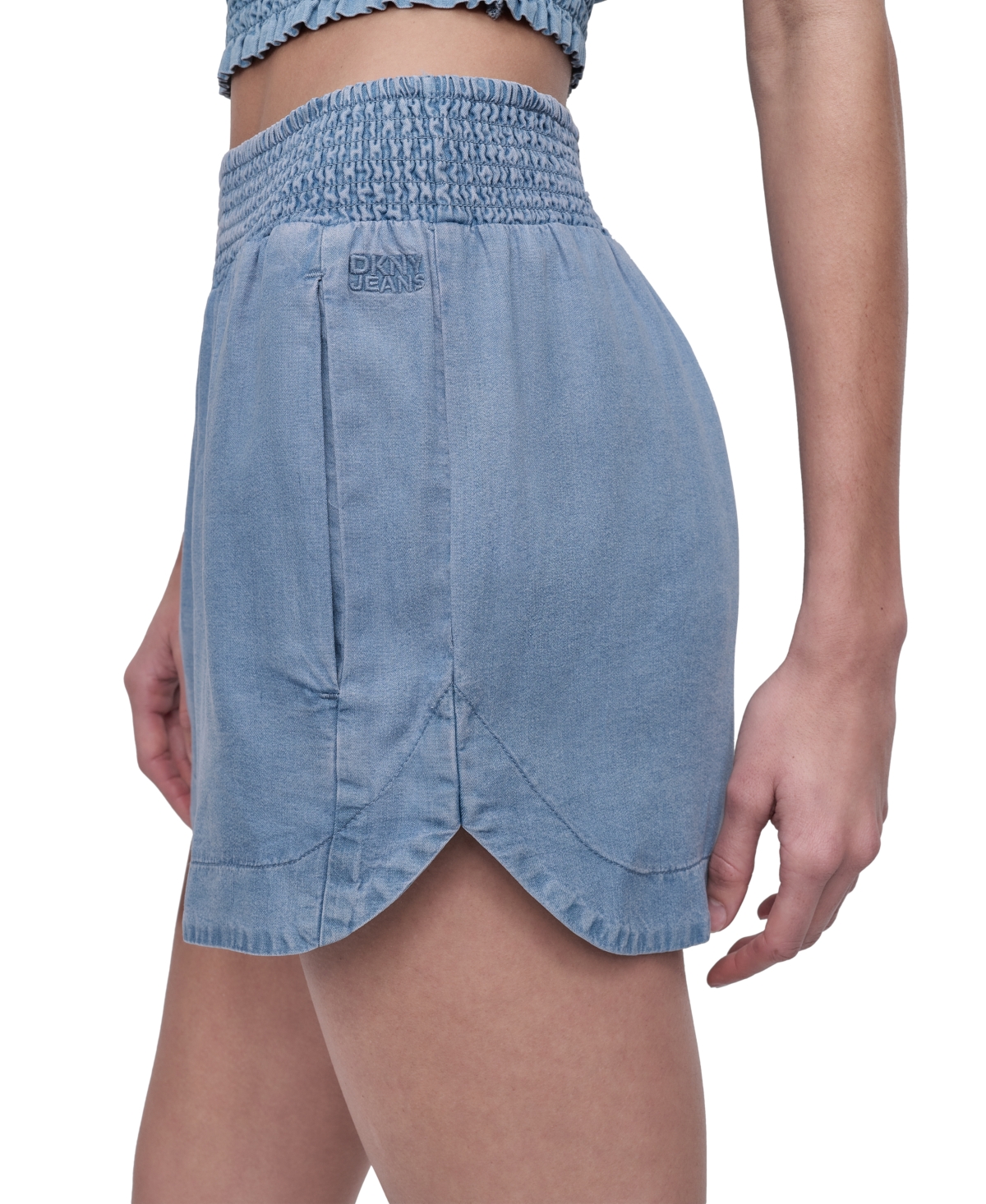 DKNY JEANS WOMEN'S CHAMBRAY HIGH RISE DOLPHIN-HEM SHORTS 