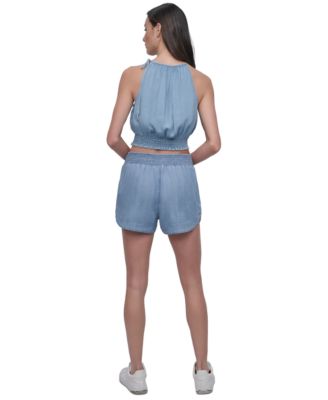 Women's Chambray High Rise Dolphin-Hem Shorts