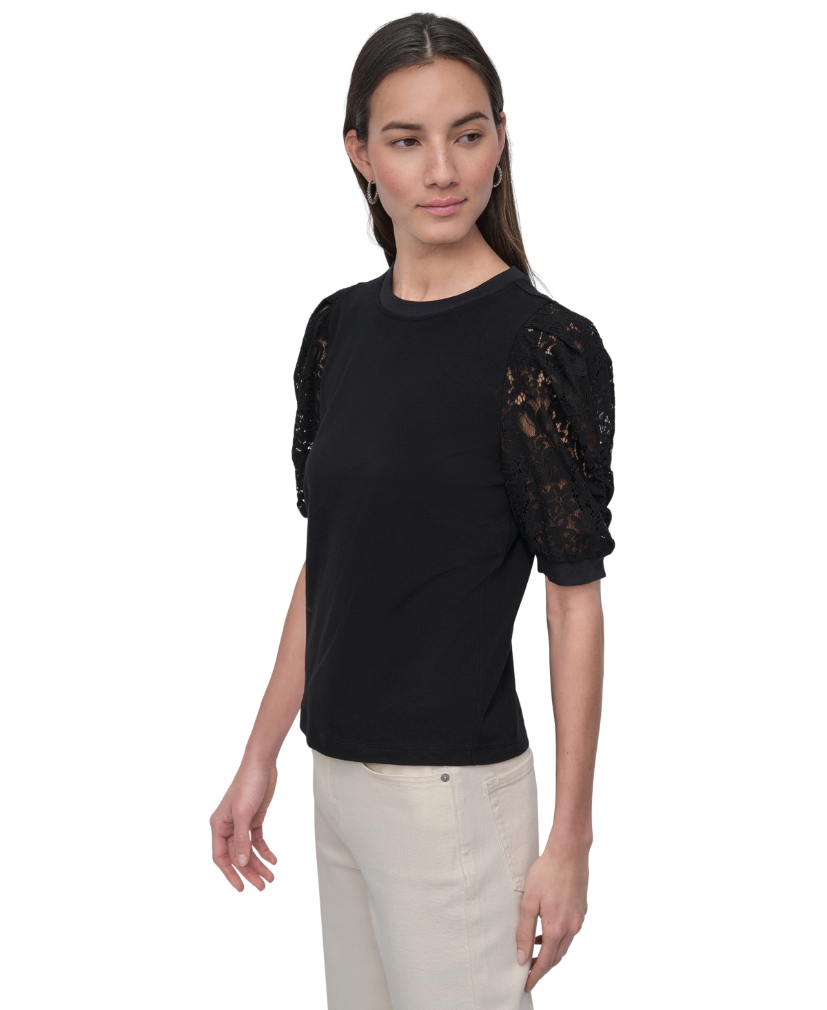 DKNY JEANS WOMEN'S MIXED MEDIA LACE-SLEEVE TOP 