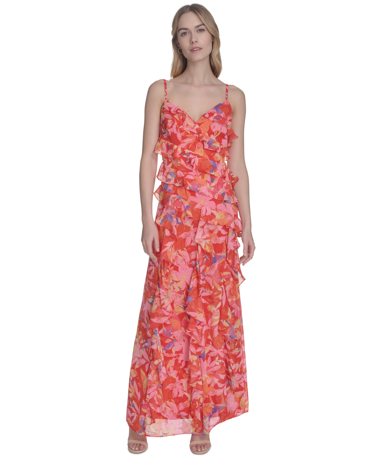 Women's Metallic-Clip Chiffon Asymmetric-Ruffle Dress - Red Multi