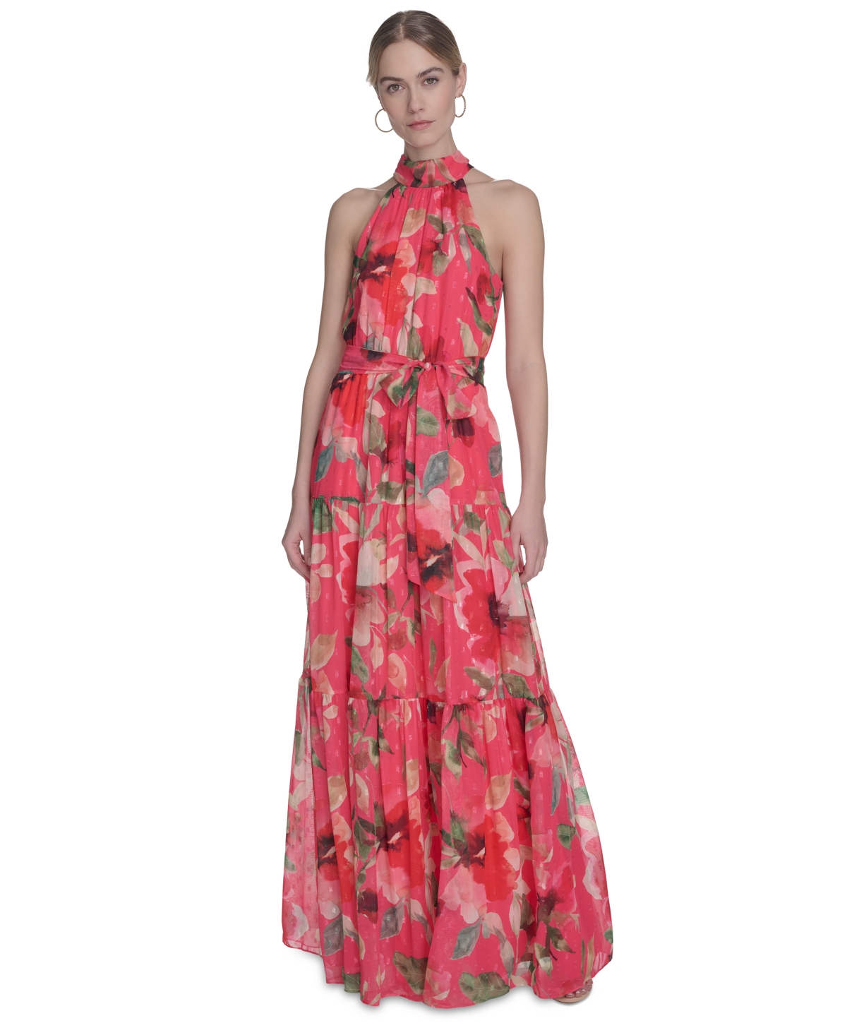 Petite High-Neck Sleeveless Tie-Waist Dress - Pink
