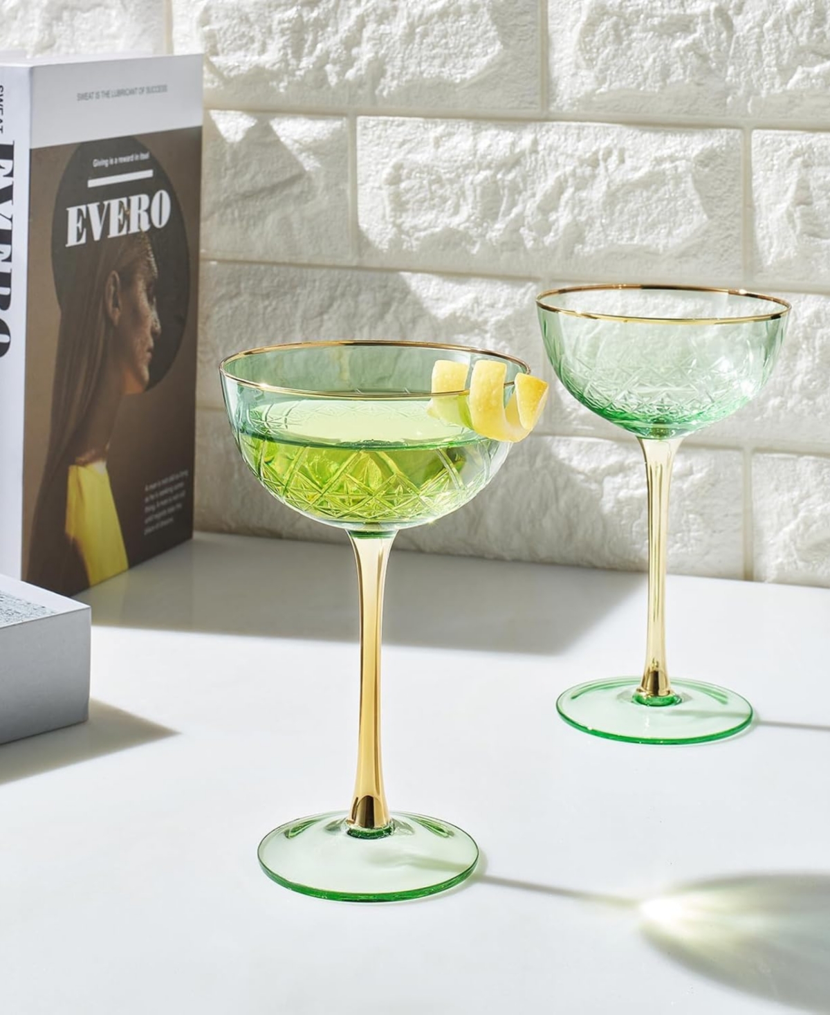 The Wine Savant Vintage Art Deco Coupe Glasses, Set Of 2 In Green