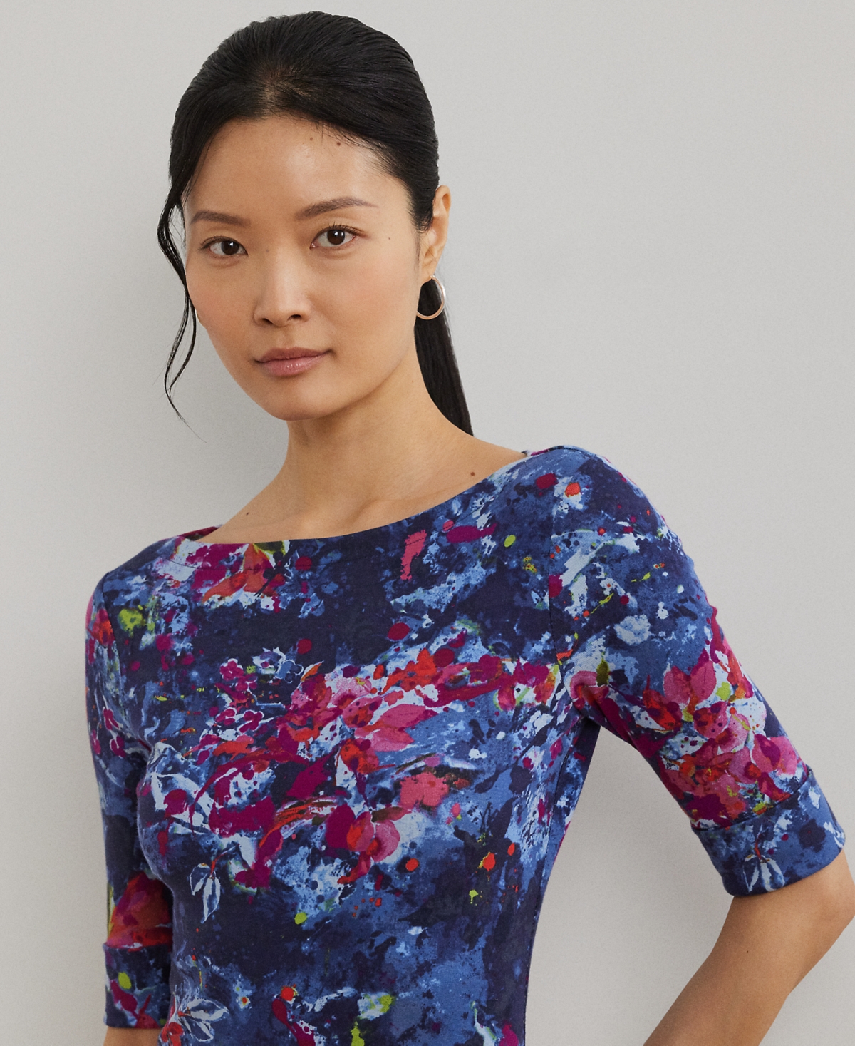 Lauren Ralph Lauren Petite Print Stretch Cotton Boatneck Tee