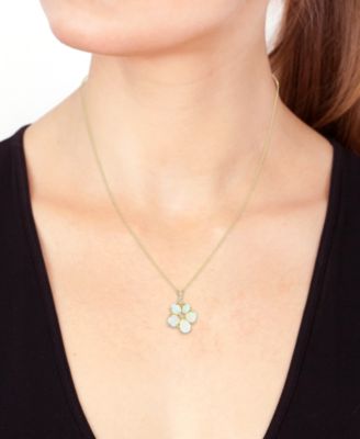 EFFY&reg; Ethiopian Opal & Diamond (1/10 ct. t.w.) Flower Pendant Necklace in 14k Yellow Gold, 17" + 1" extender