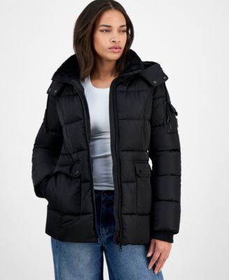 Steve Madden - Juniors' Faux-Fur-Trim Hooded Utility-Pocket Puffer Coat