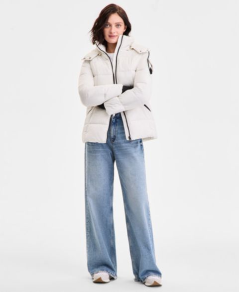 Женские куртки Steve Madden Women's Faux-Fur-Trim Hooded Puffer Coat