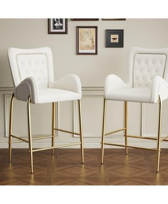   Set of 2  Velvet Upholstered, Tufted Armchairs, Gold Metal Legs   Elegant Design Bar Stools