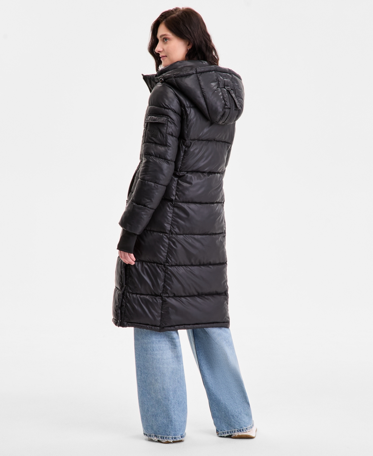 Steve Madden Women's Shiny Hooded Maxi Puffer Coat In Black