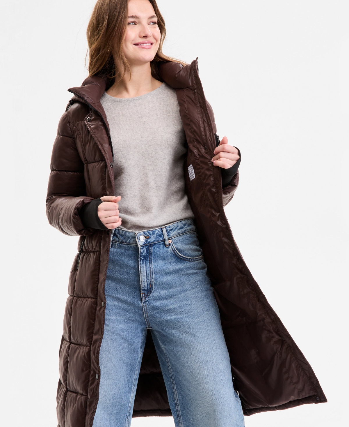 Steve Madden Women's Shiny Hooded Maxi Puffer Coat In Burgundy