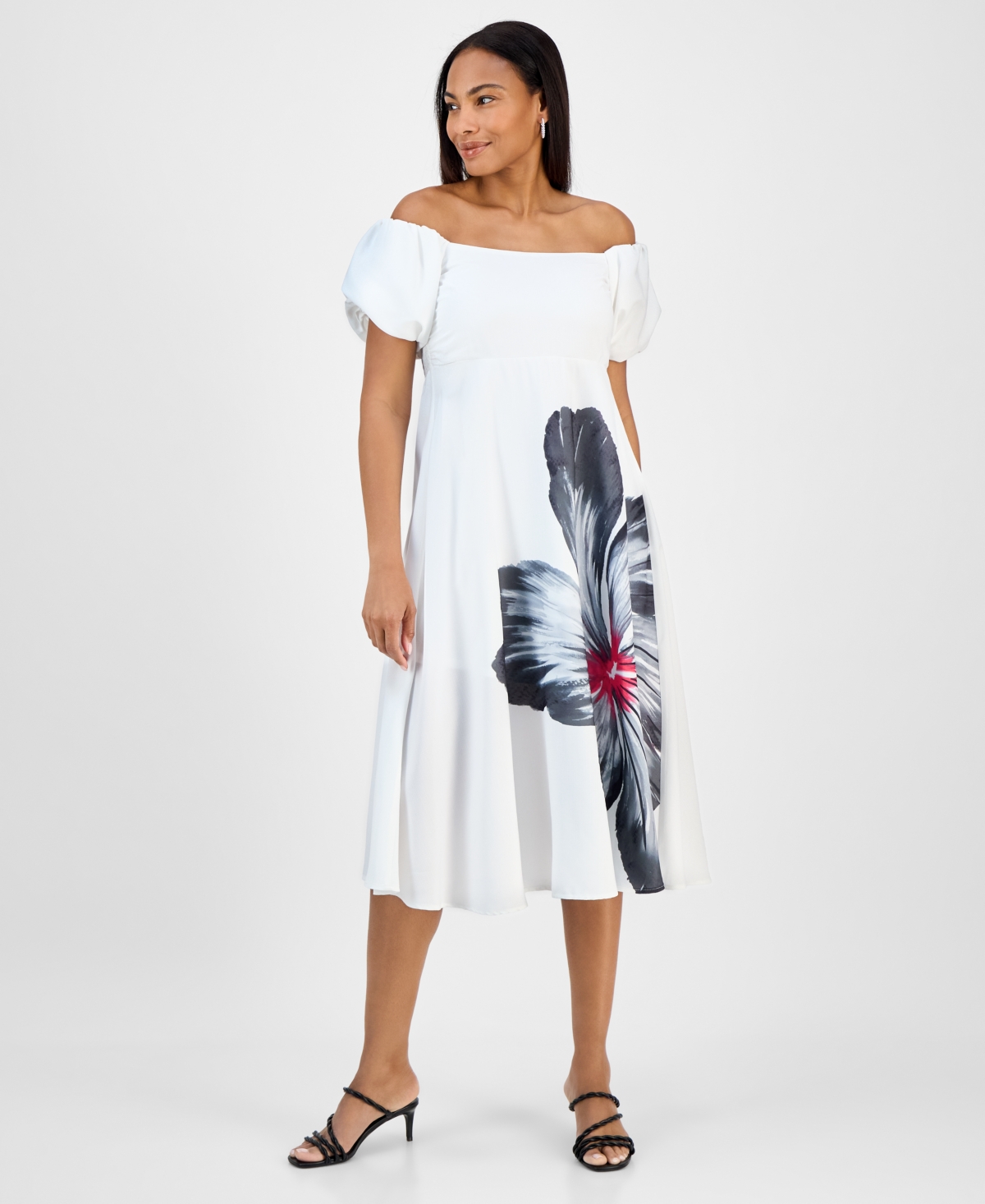 Women's Puff Sleeve Fit & Flare Midi Dress - White Black