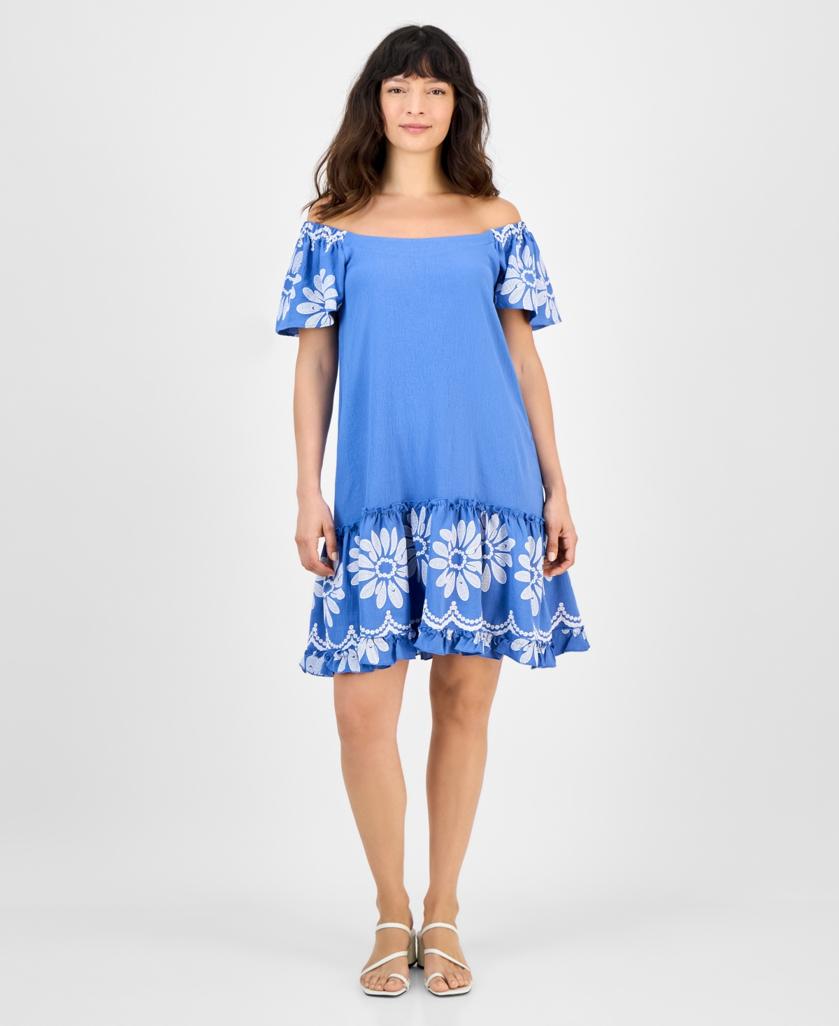 Women's Off-The-Shoulder Jacquard Dress - Blue White